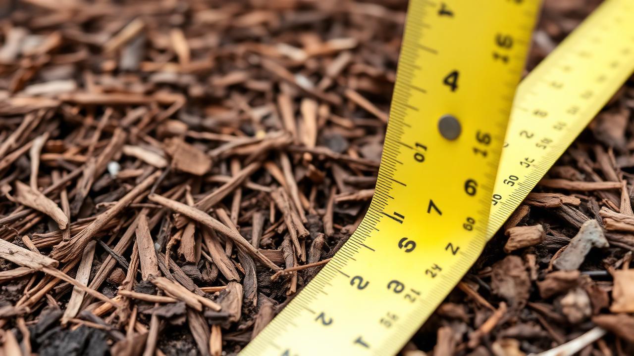 Tape measure showing 3 inch depth of mulch in a garden bed