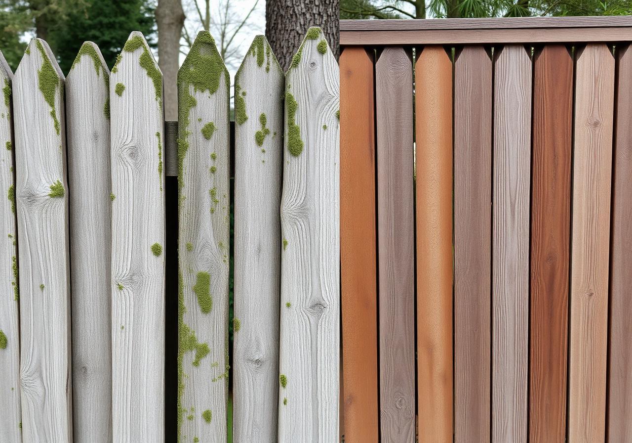 Weathered older wood fence with moss next to a newer brown fence
