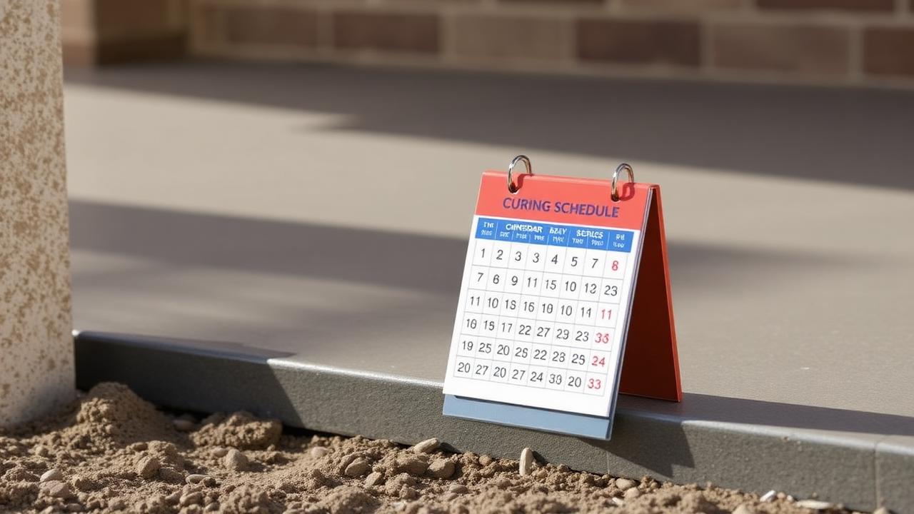 Curing schedule calendar next to a fresh concrete slab