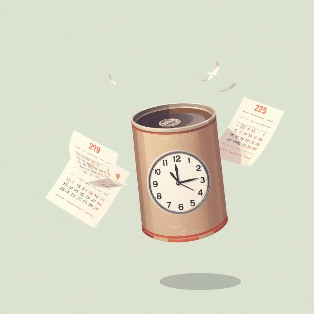 Vintage paint can with calendar pages floating away showing time passing
