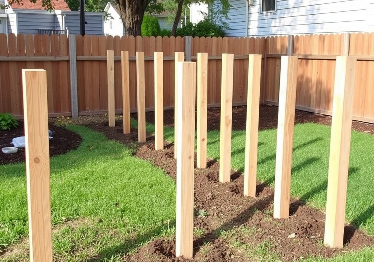 Row of pressure-treated fence posts standing in dug holes