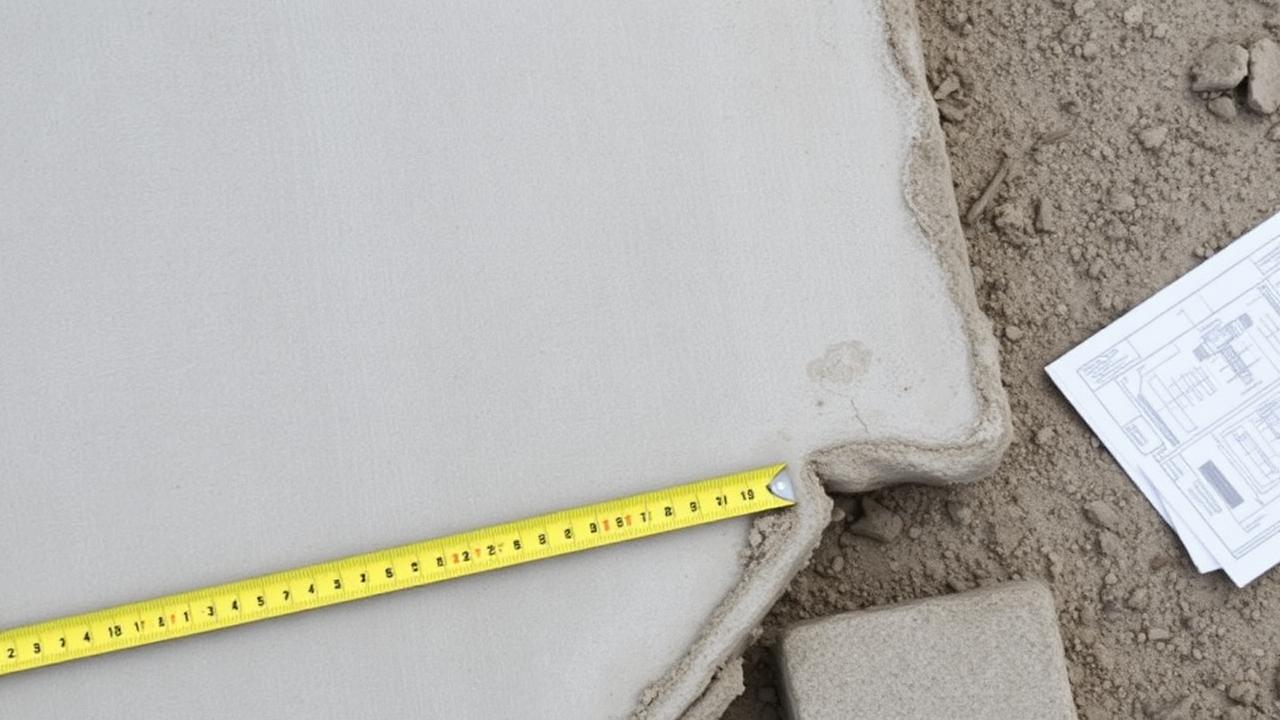 Tape measure across a concrete slab edge with blueprints