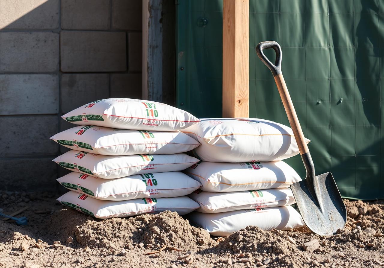 Bags of fast-setting concrete stacked next to fence post hole