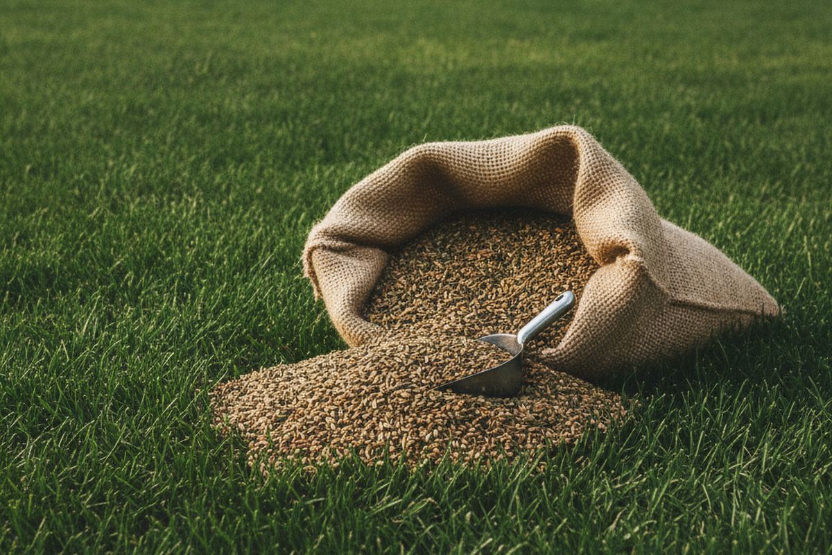 Bag of grass seed next to green lawn