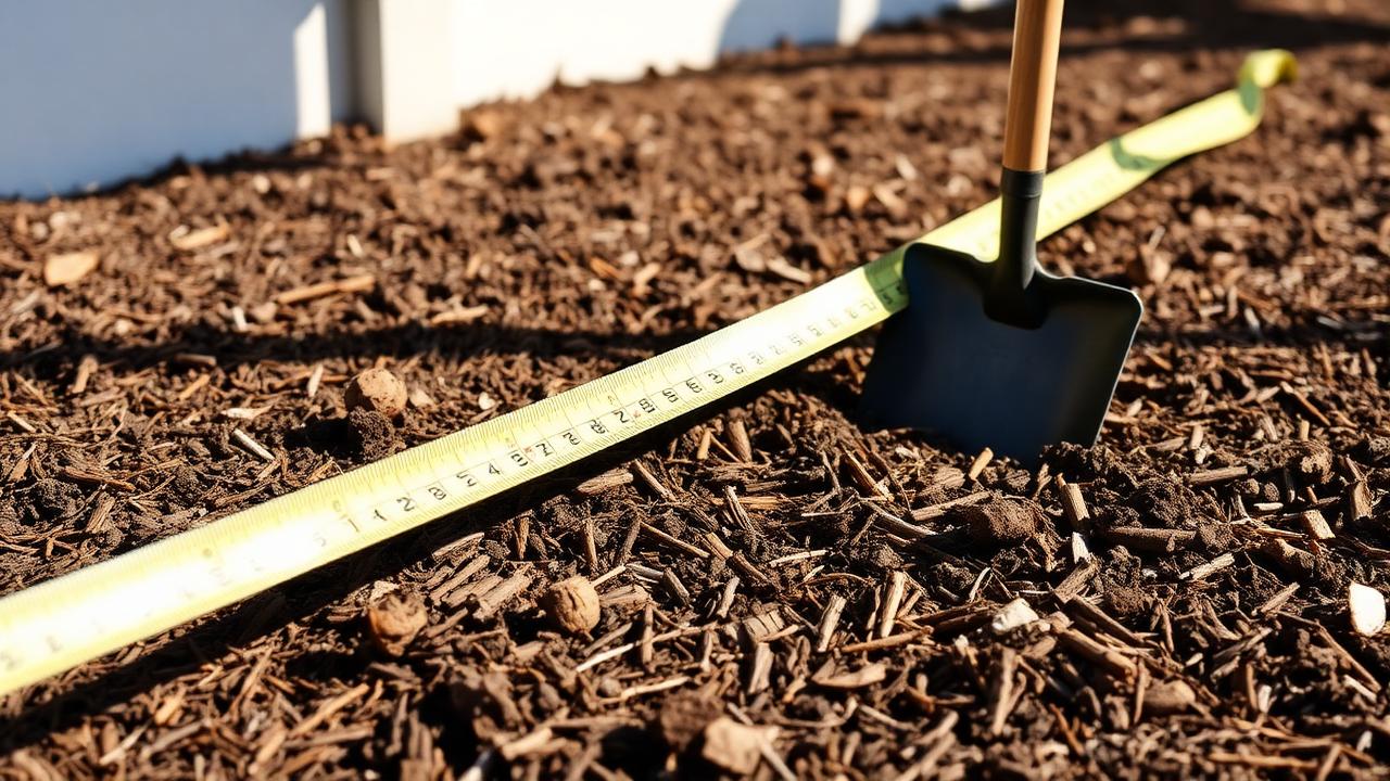 Tape measure stretched across a freshly mulched garden bed