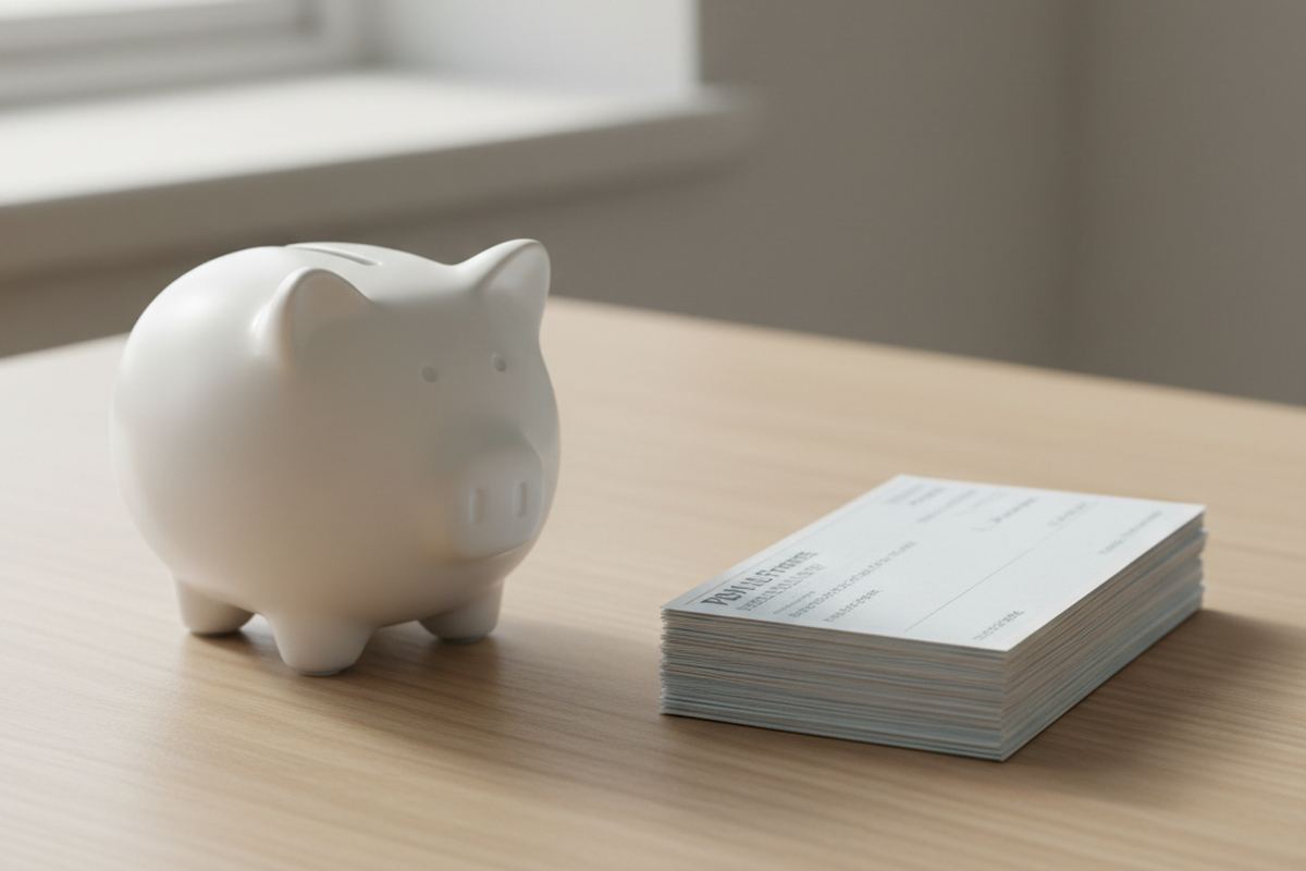 Piggy bank next to a stack of paychecks