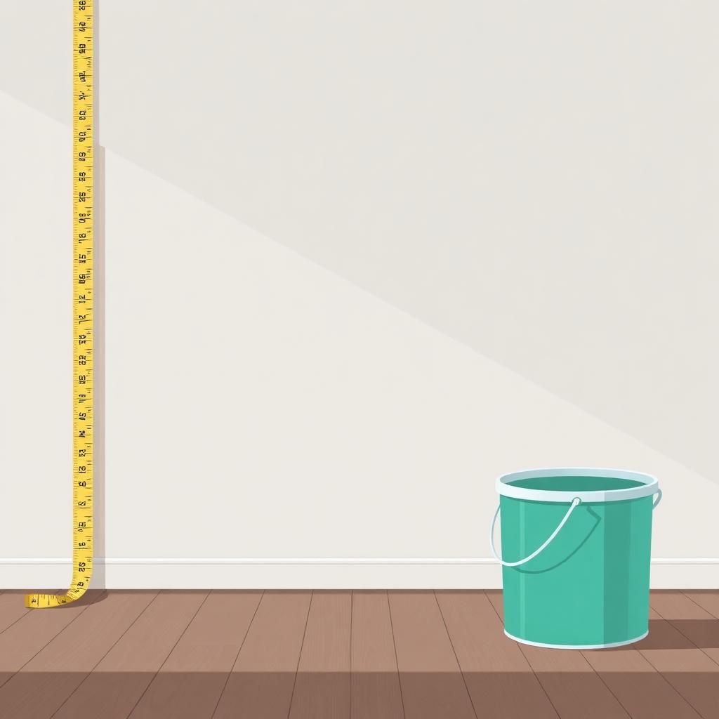 Tape measure stretched along a wall next to a teal paint bucket