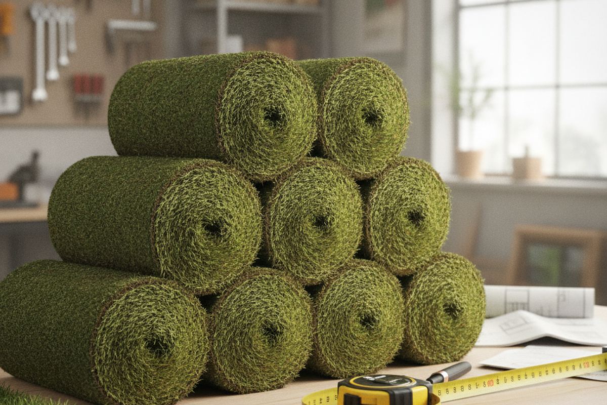 Sod rolls stacked with measuring tape