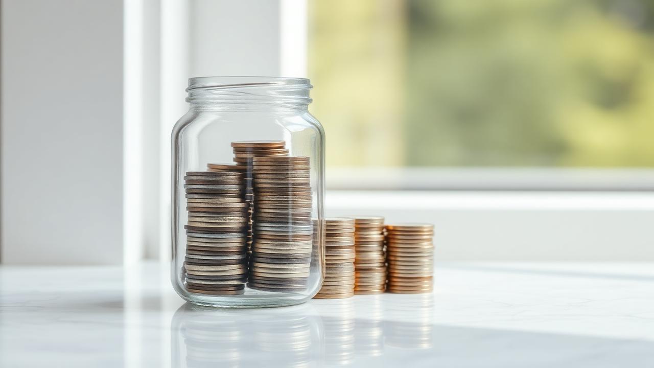Glass jar filled with growing stacks of coins on a marble surface