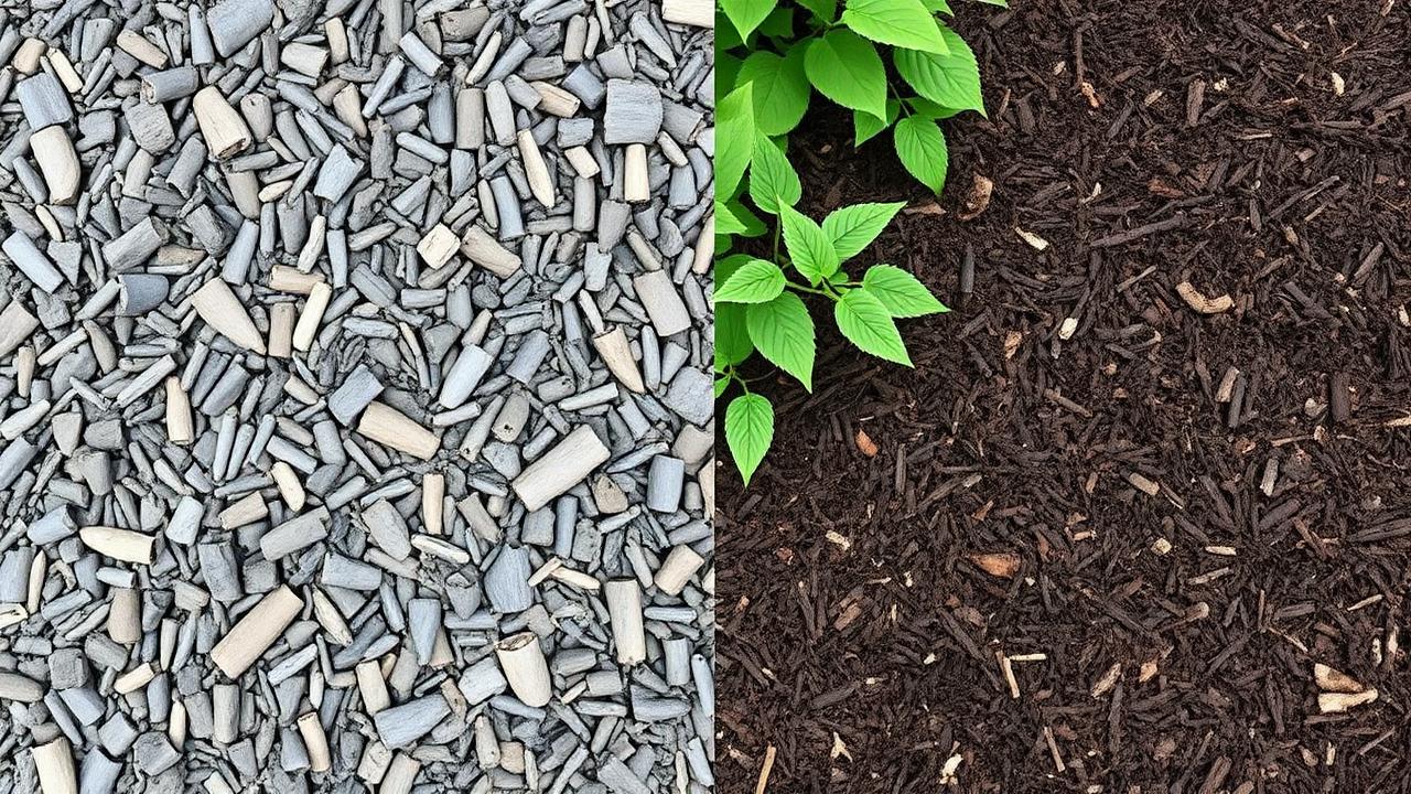 Old faded gray mulch next to fresh dark brown mulch in same bed