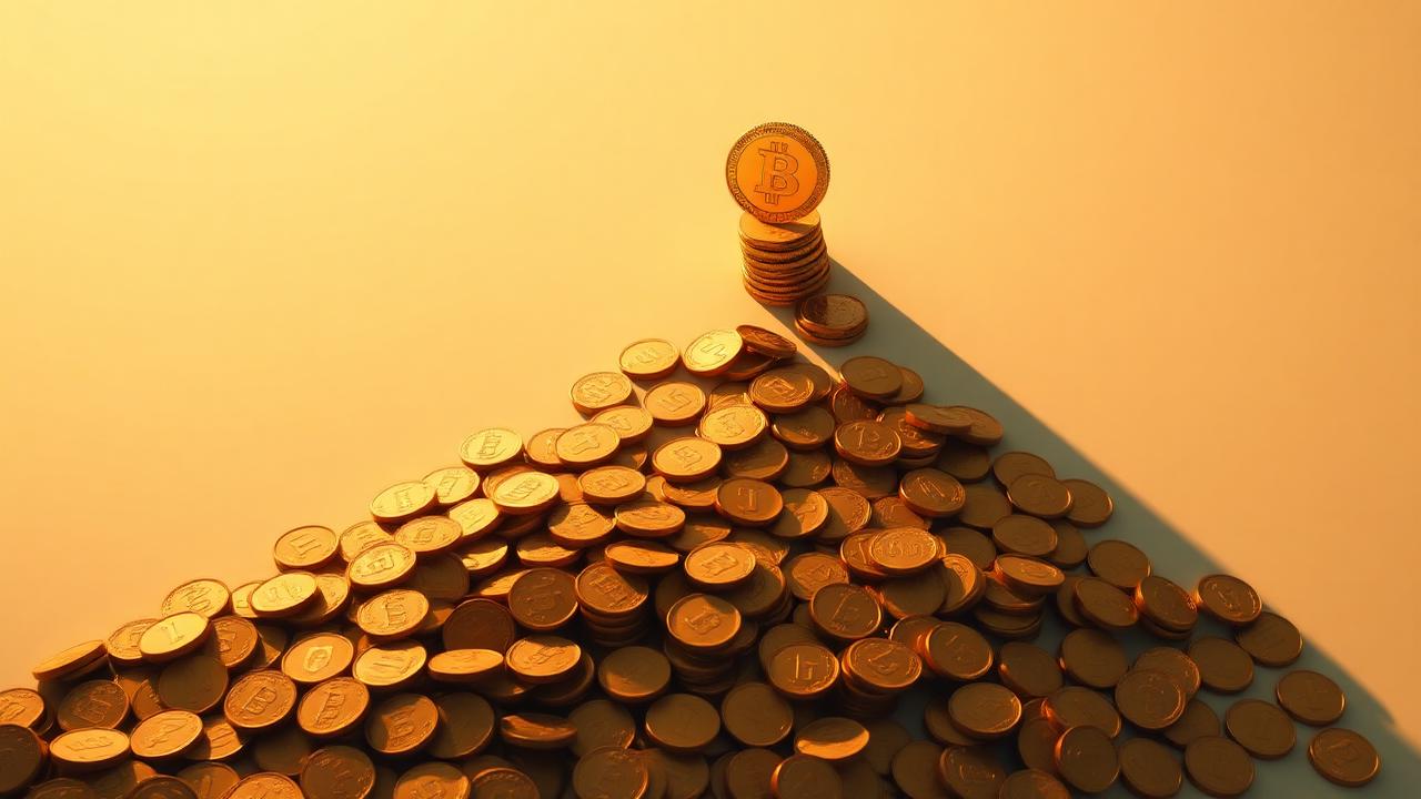 Single golden coin with a long shadow forming a mountain of coins behind it