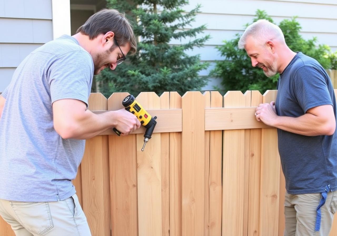 Two homeowners building a wood fence panel with power drill and level