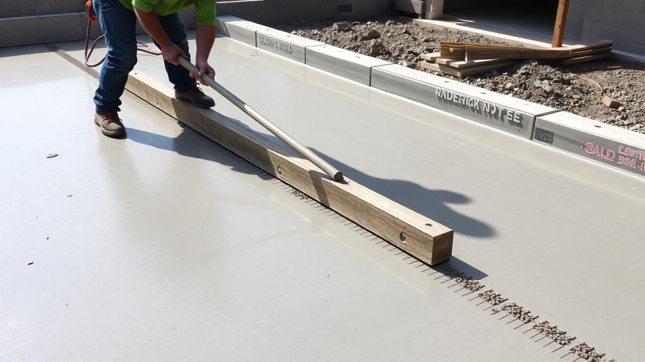 Worker screeding a freshly poured concrete slab