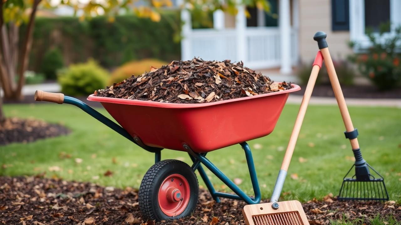 Red wheelbarrow loaded with mulch with rake nearby ready to spread