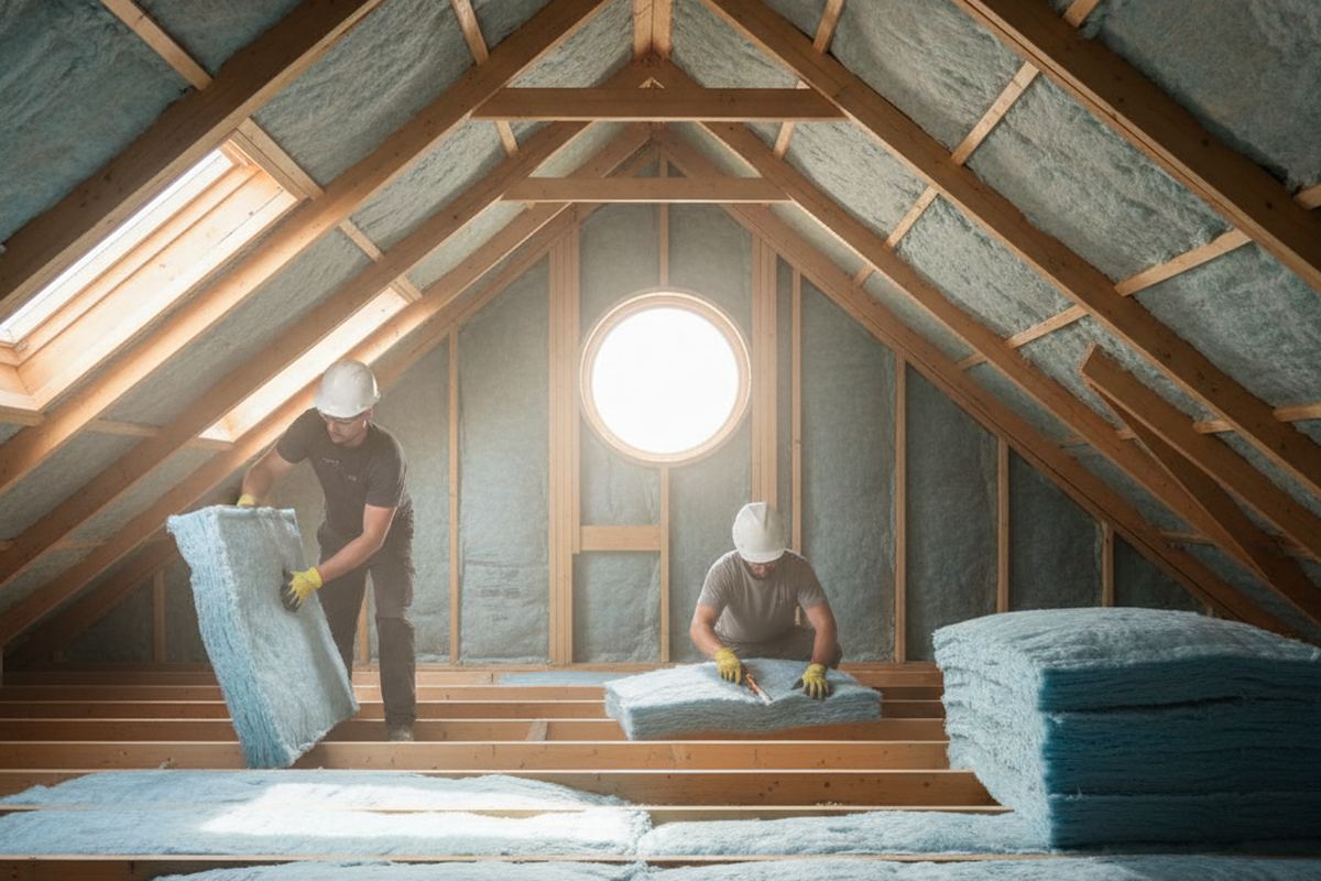 Insulation being installed in attic