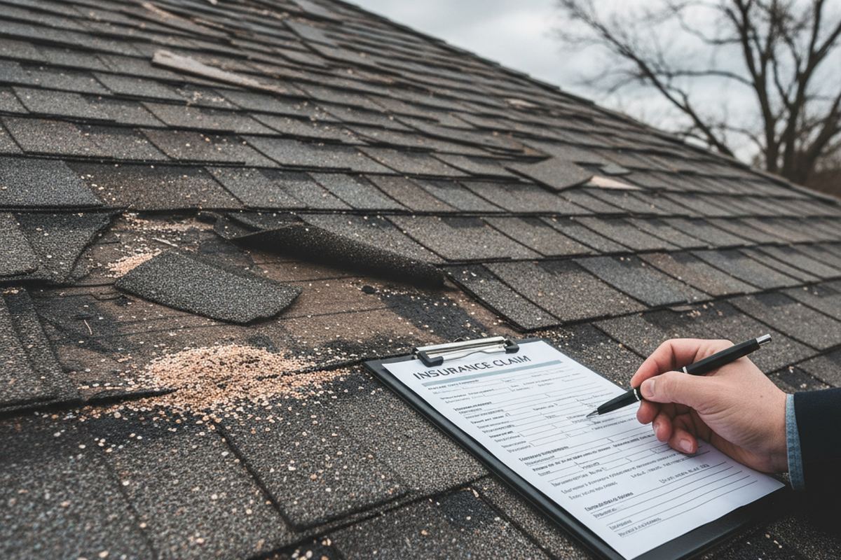Storm damaged roof with insurance paperwork