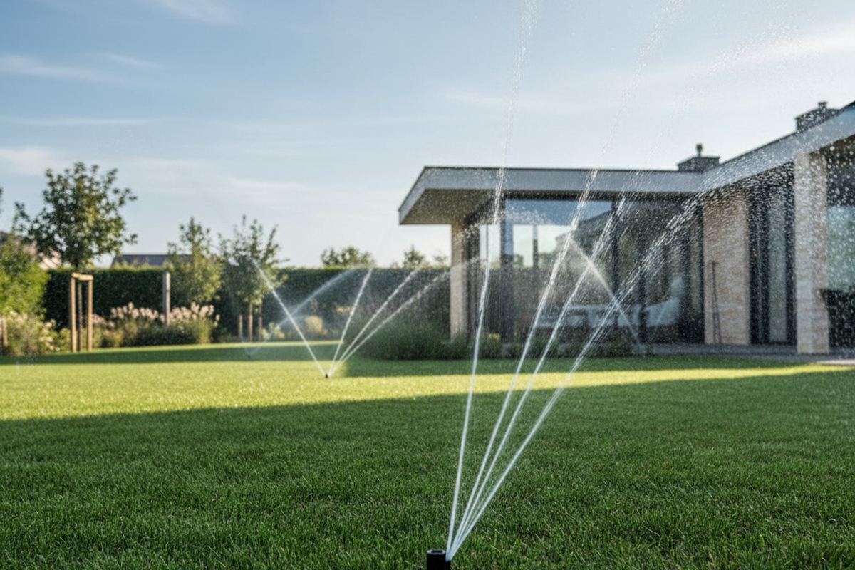 Sprinkler system watering lawn