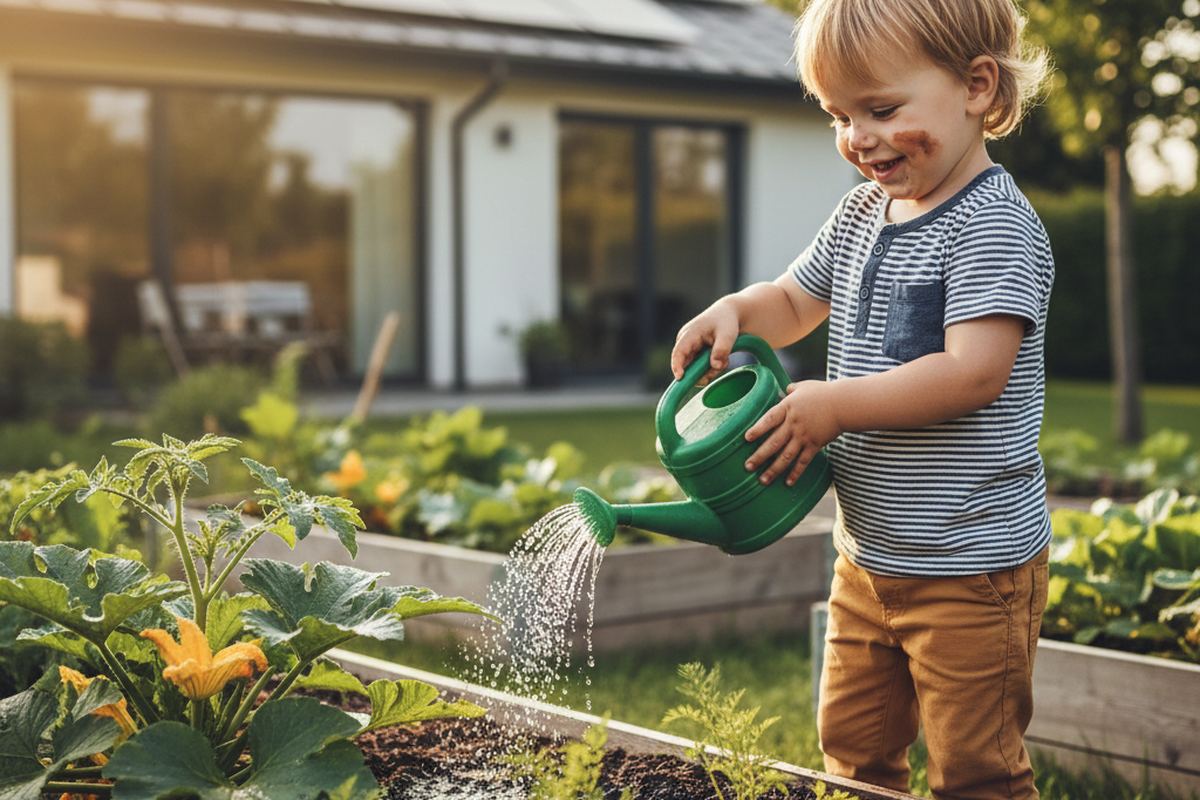 Child watering a small garden