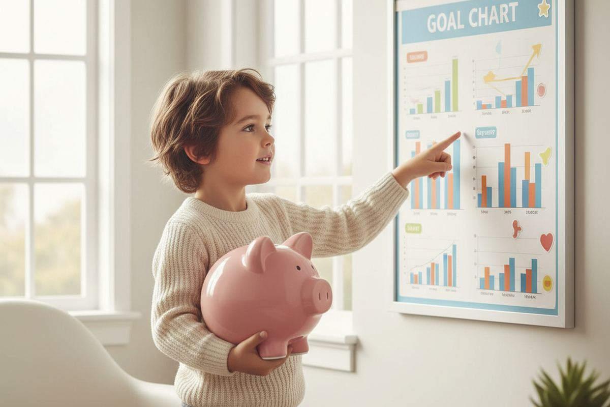 Kid with piggy bank and goal