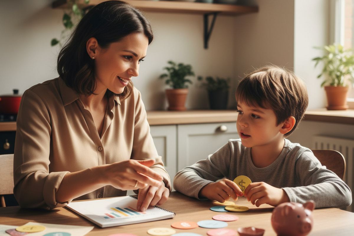 Parent talking to kid about money