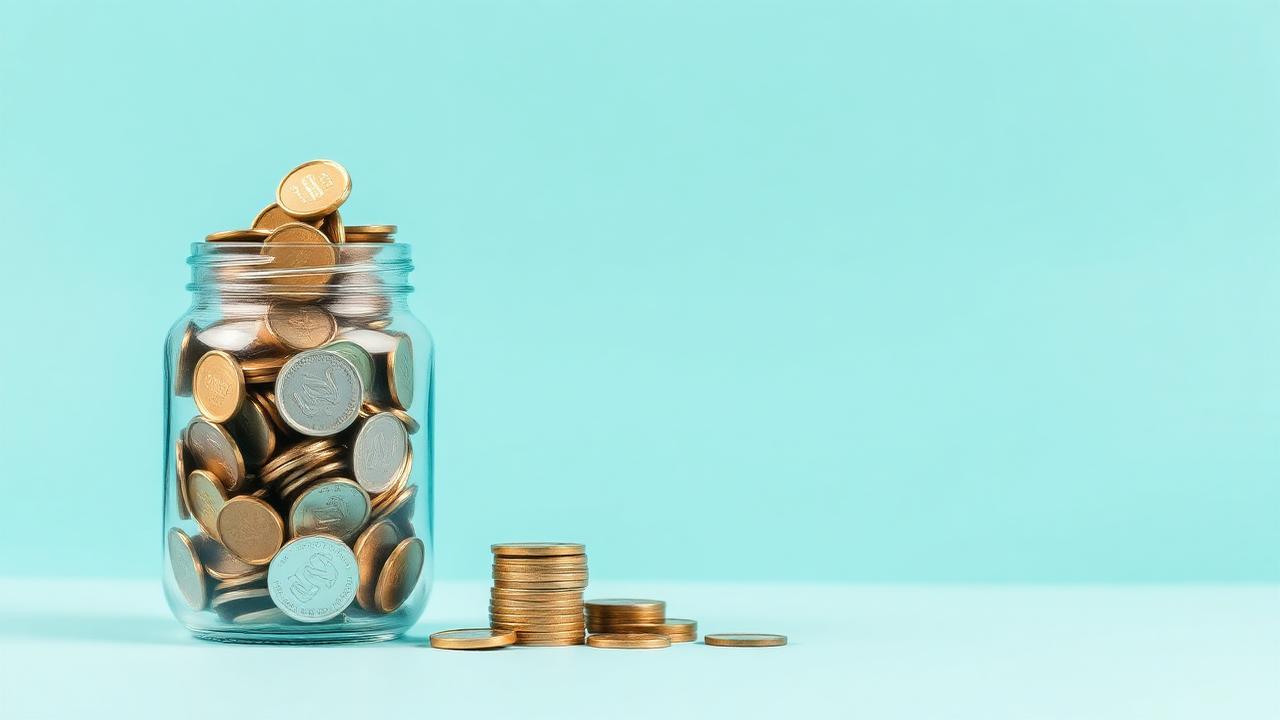 Glass jar full of coins next to flowing water symbol