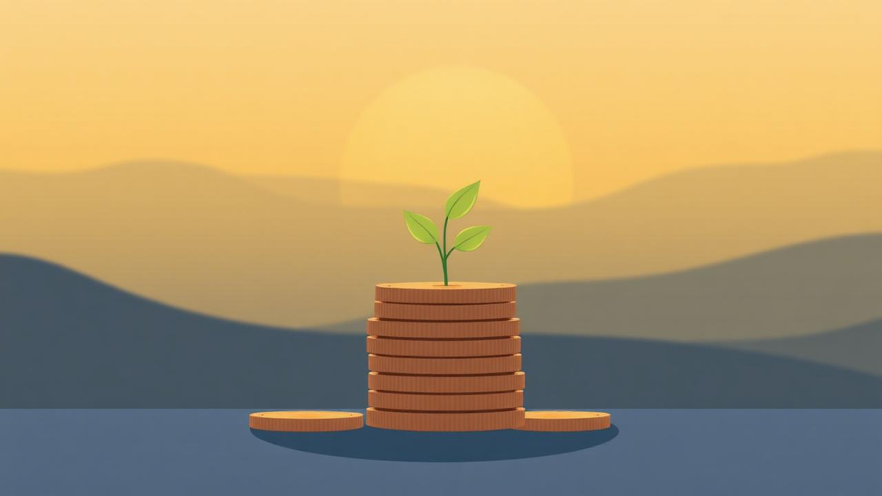 Small plant growing from a stack of coins at sunrise