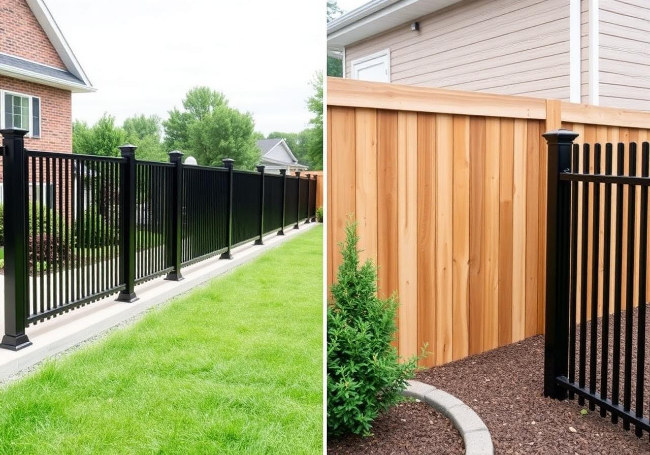 Modern black aluminum fence next to traditional wood fence