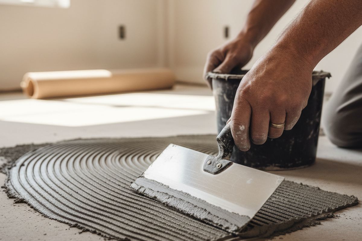 DIY tile installer applying thinset