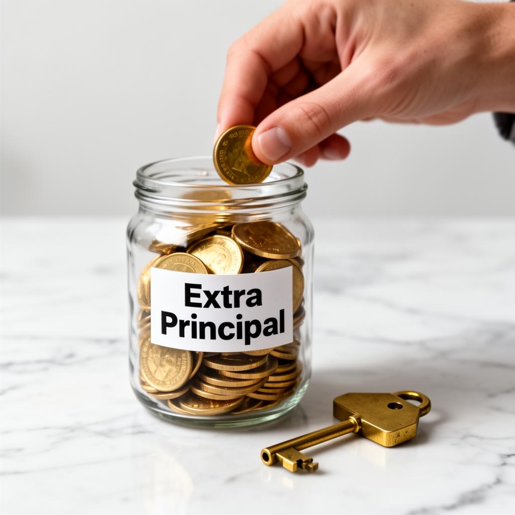 Hand placing coins into a jar labeled Extra Principal next to a house key