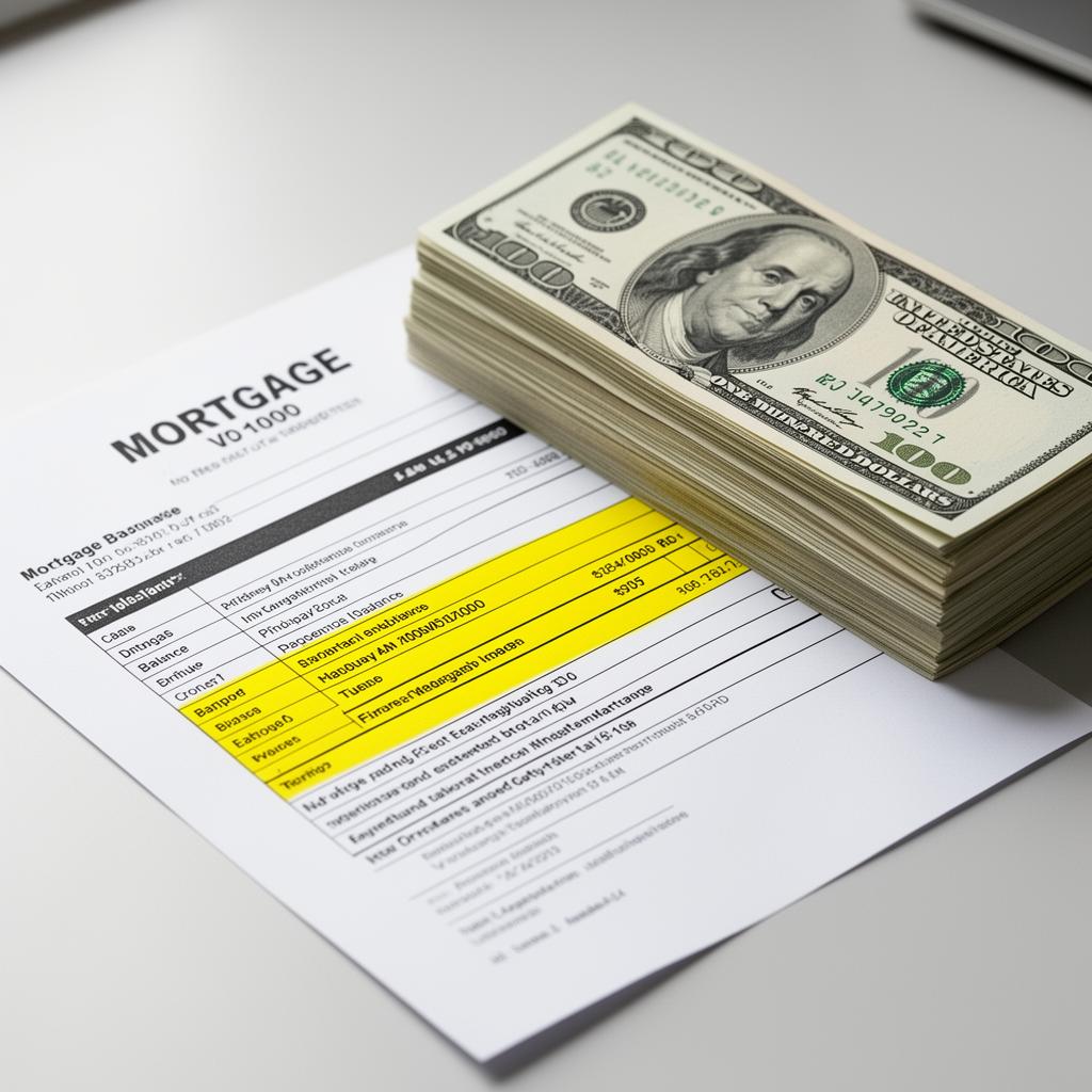 Stack of cash beside a mortgage statement with principal balance highlighted