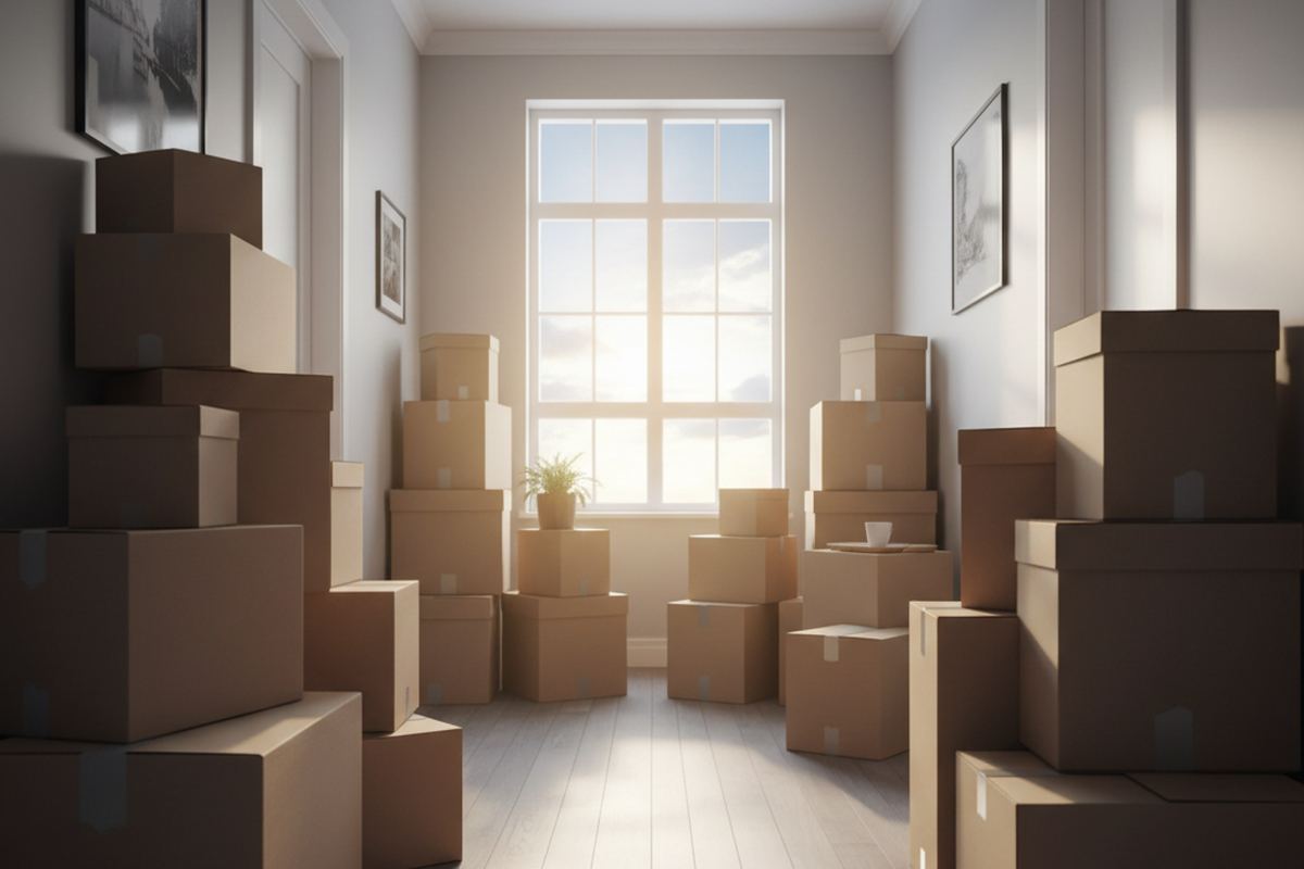 Moving boxes stacked in a hallway