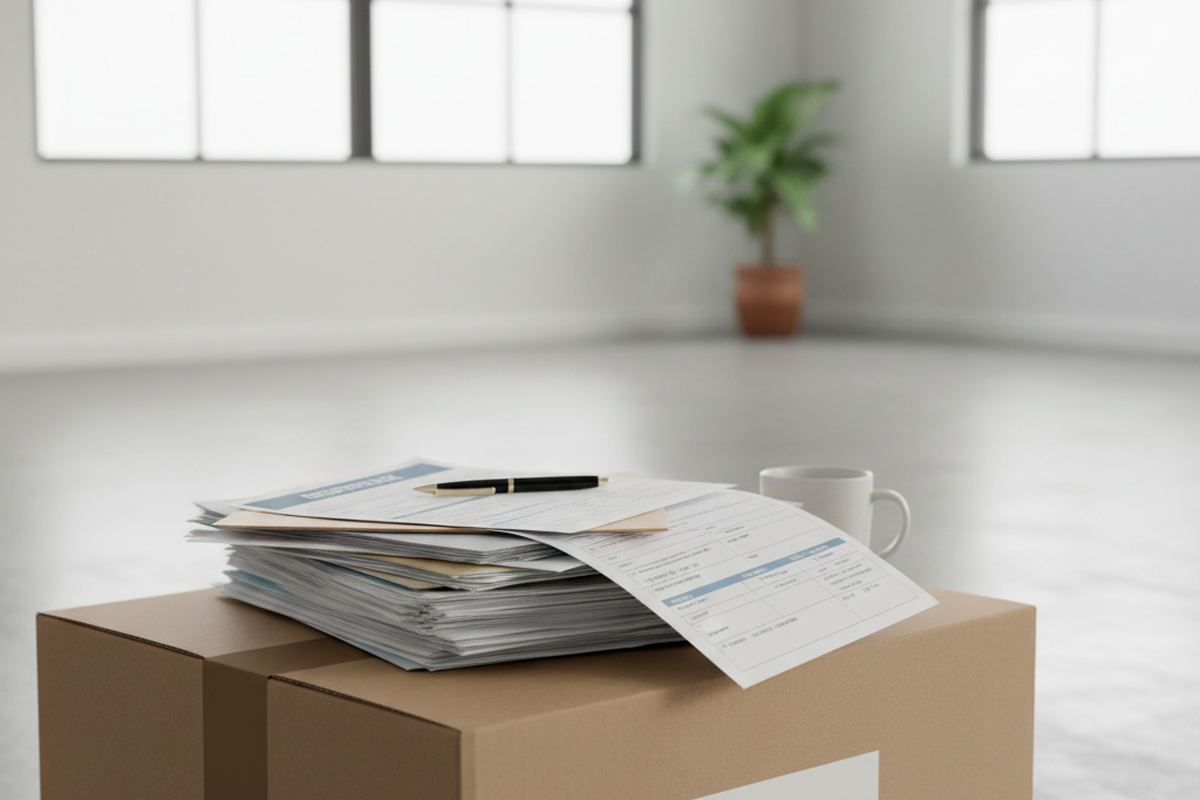 Moving insurance paperwork on box