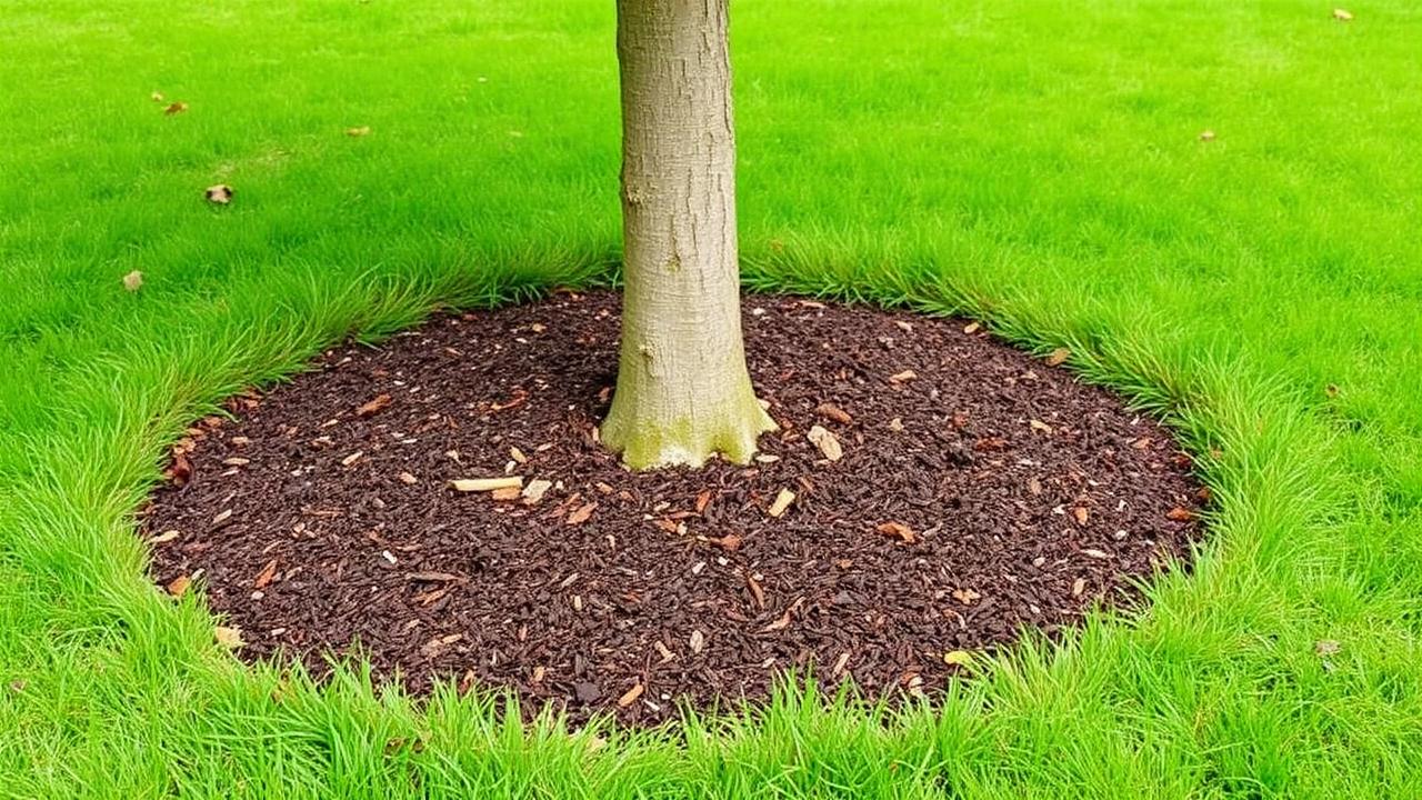 Proper mulch ring around base of tree with grass surrounding it