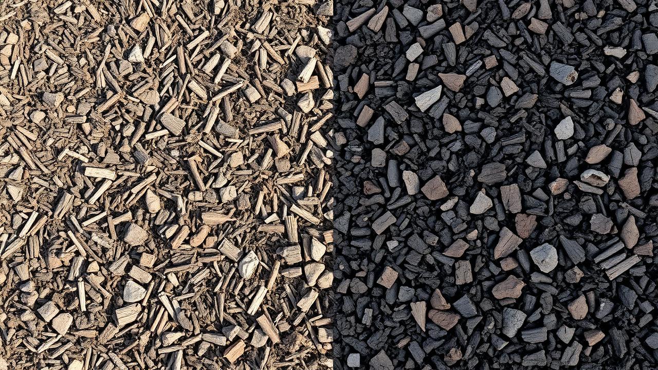Faded gray brown mulch on left versus rich dark mulch on right