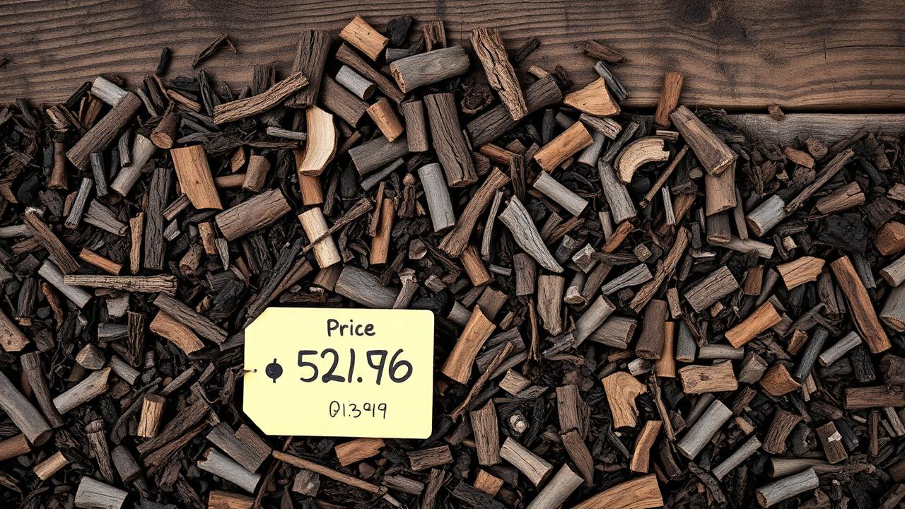 Pile of dark hardwood mulch with a yellow price tag