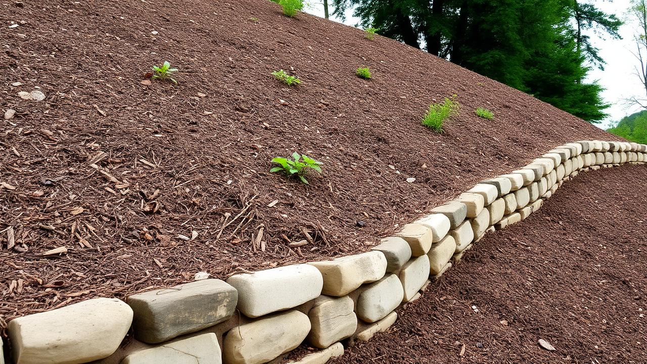 Mulched slope on hillside garden with retaining stone wall edge