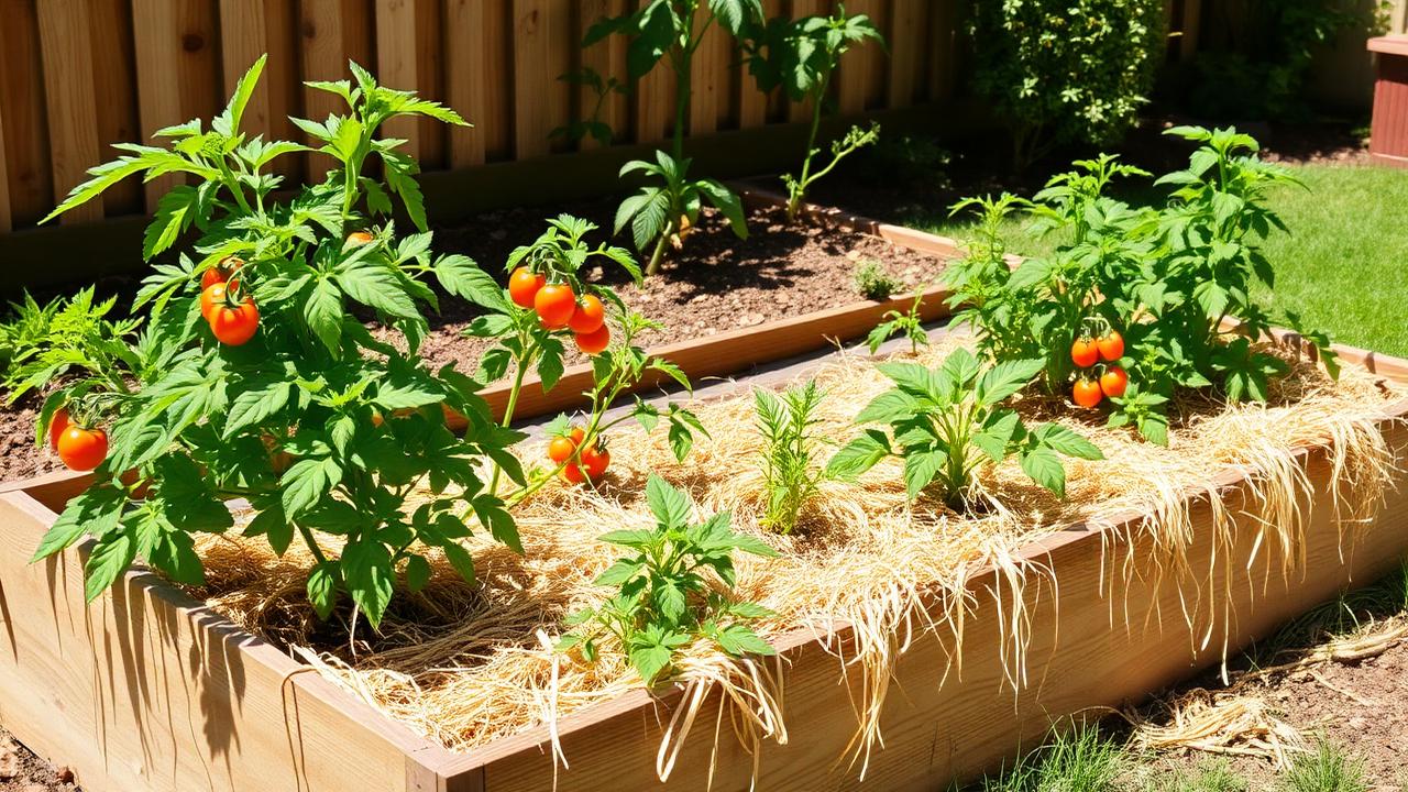 Raised vegetable garden bed with straw mulch around tomato plants