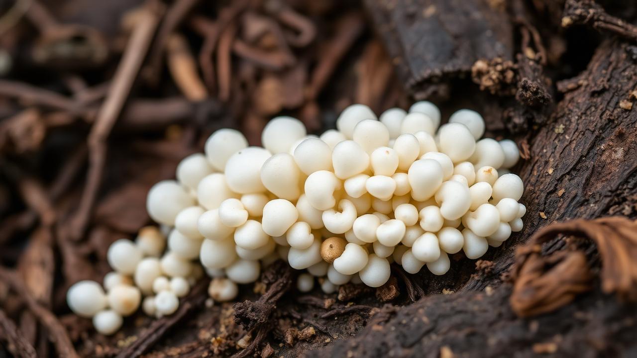 Close up of white fungus growing on damp wood mulch