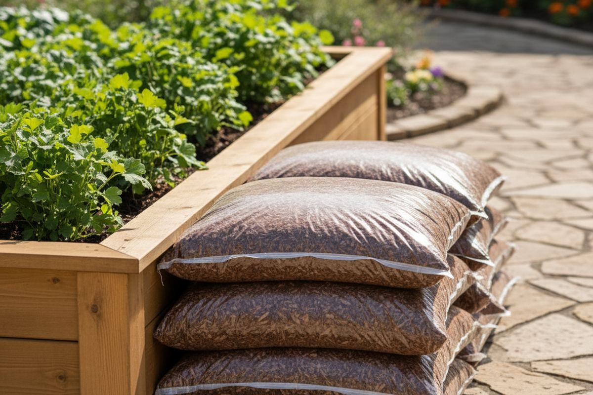 Mulch bags stacked in yard