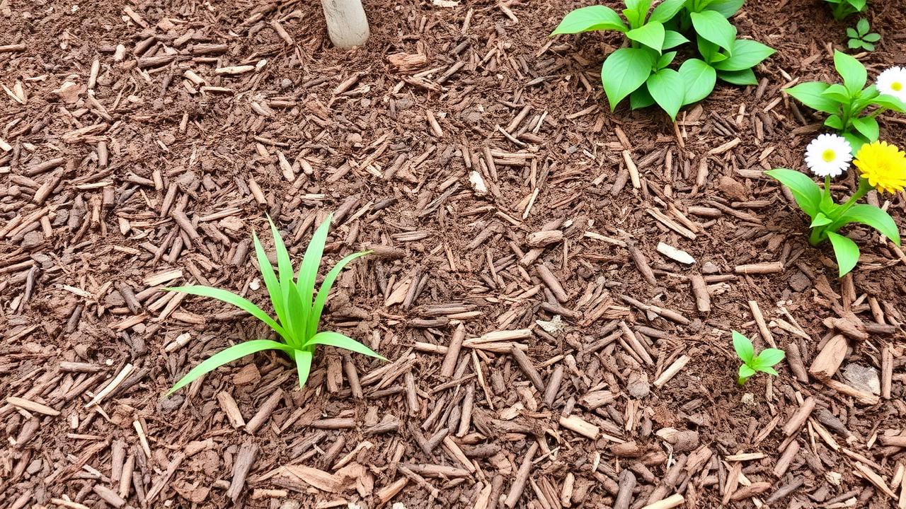 Thick layer of brown mulch suppressing weeds in flower bed