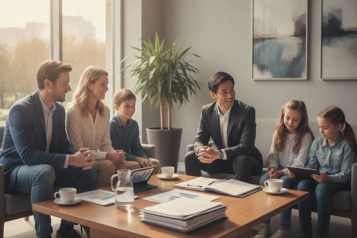 Two families meeting to plan a nanny share