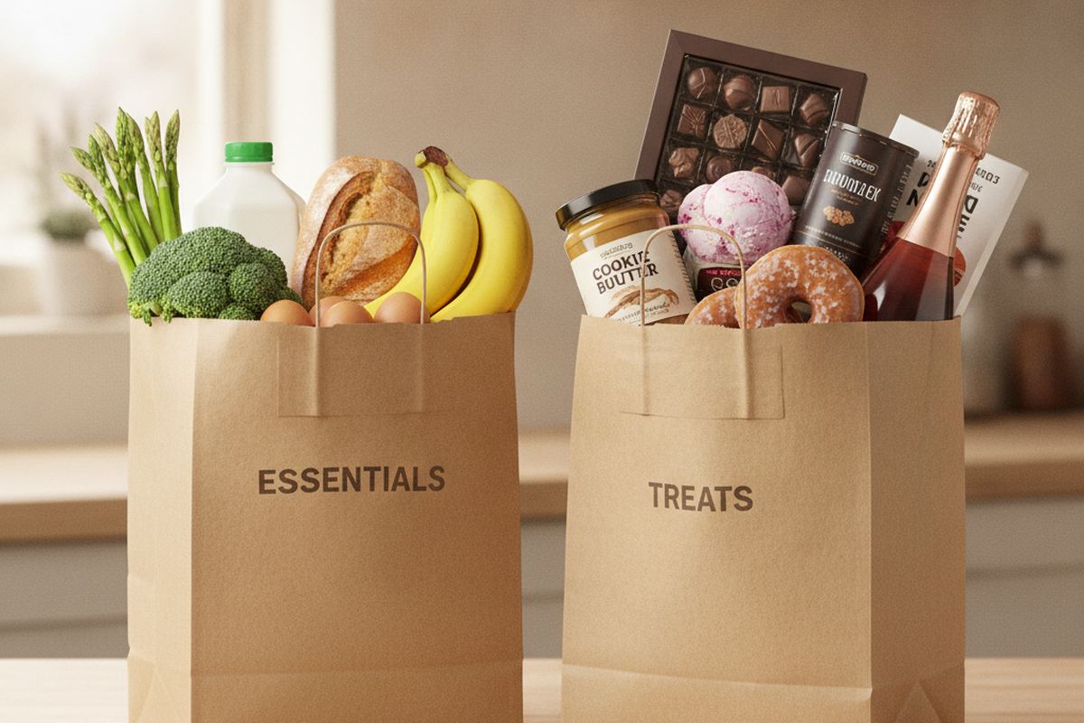 Two grocery bags — one with essentials, one with snacks