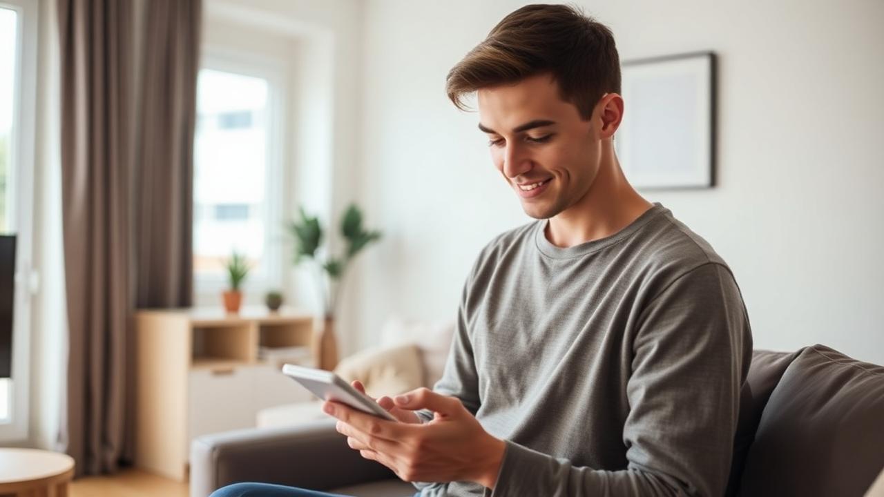 Young person checking a finance app on a phone in a modern apartment