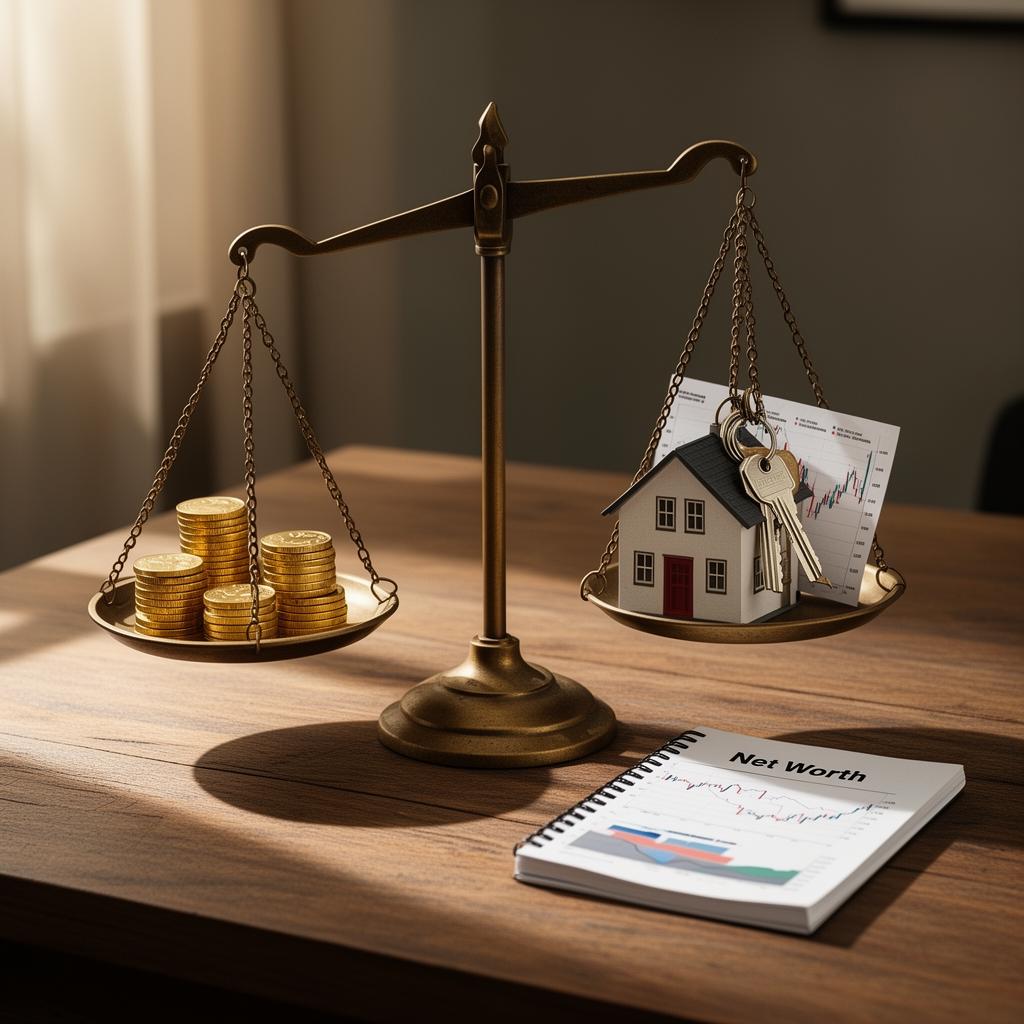Balance scale with gold coins on one side and a house with keys on the other, symbolizing assets and liabilities