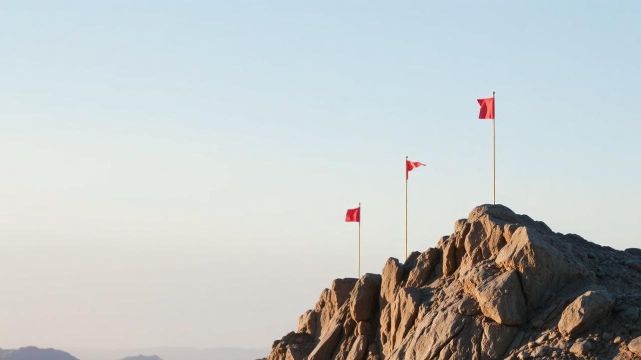 Mountain peaks with milestone flags planted at increasing elevations
