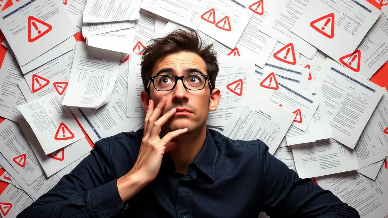 Person looking confused at messy financial papers with warning marks