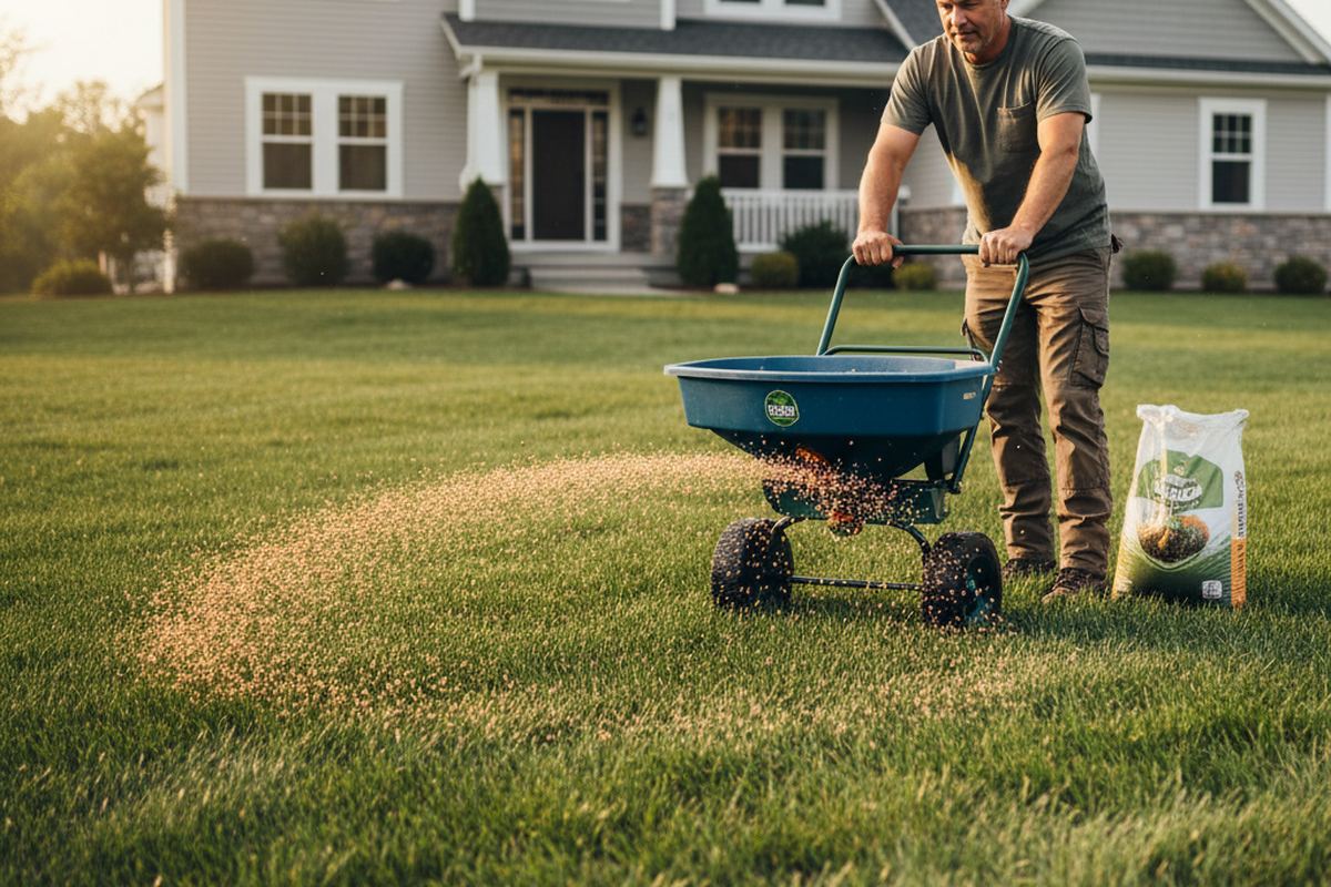 Homeowner overseeding a lawn with spreader