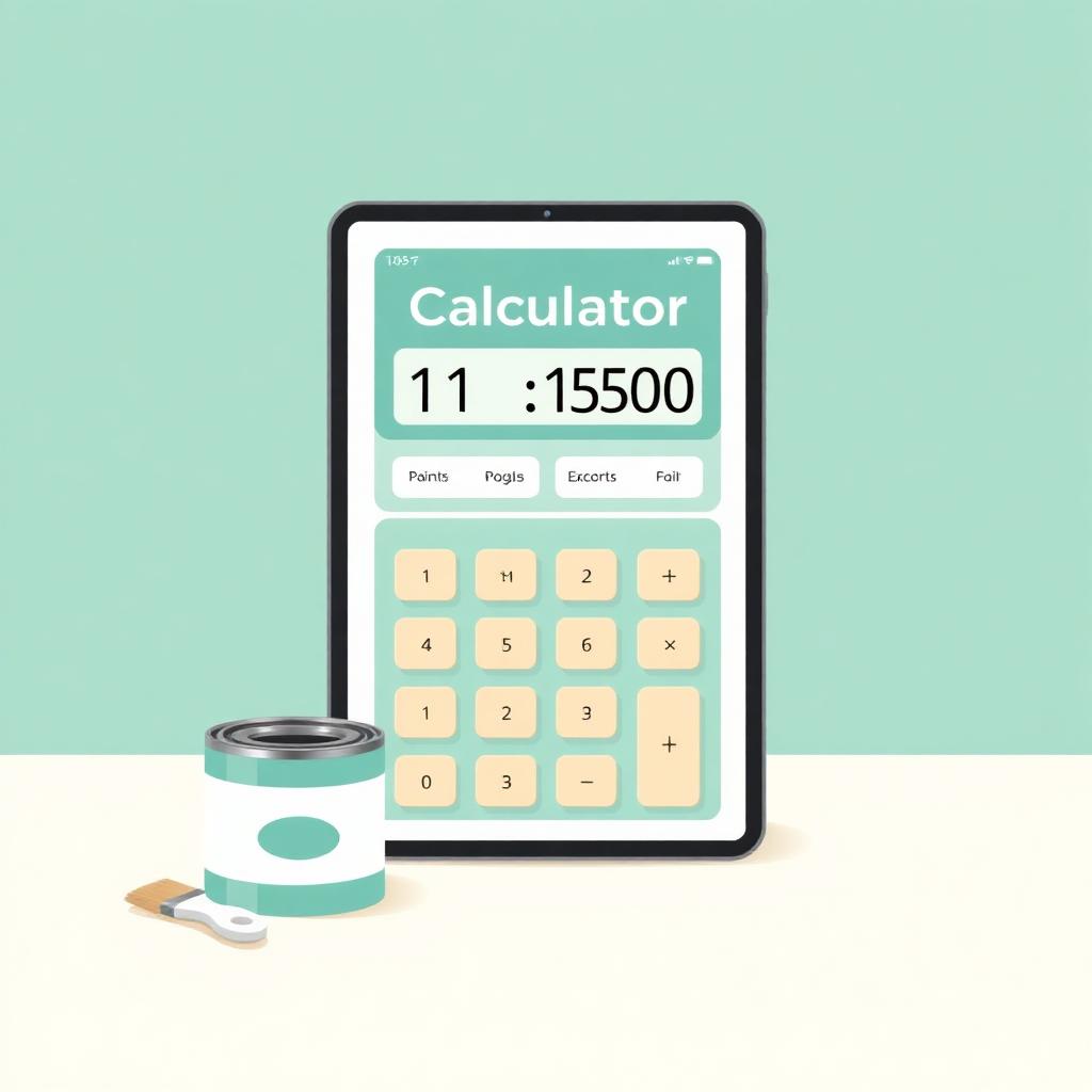 Tablet showing a paint calculator interface next to a paint can on a teal background