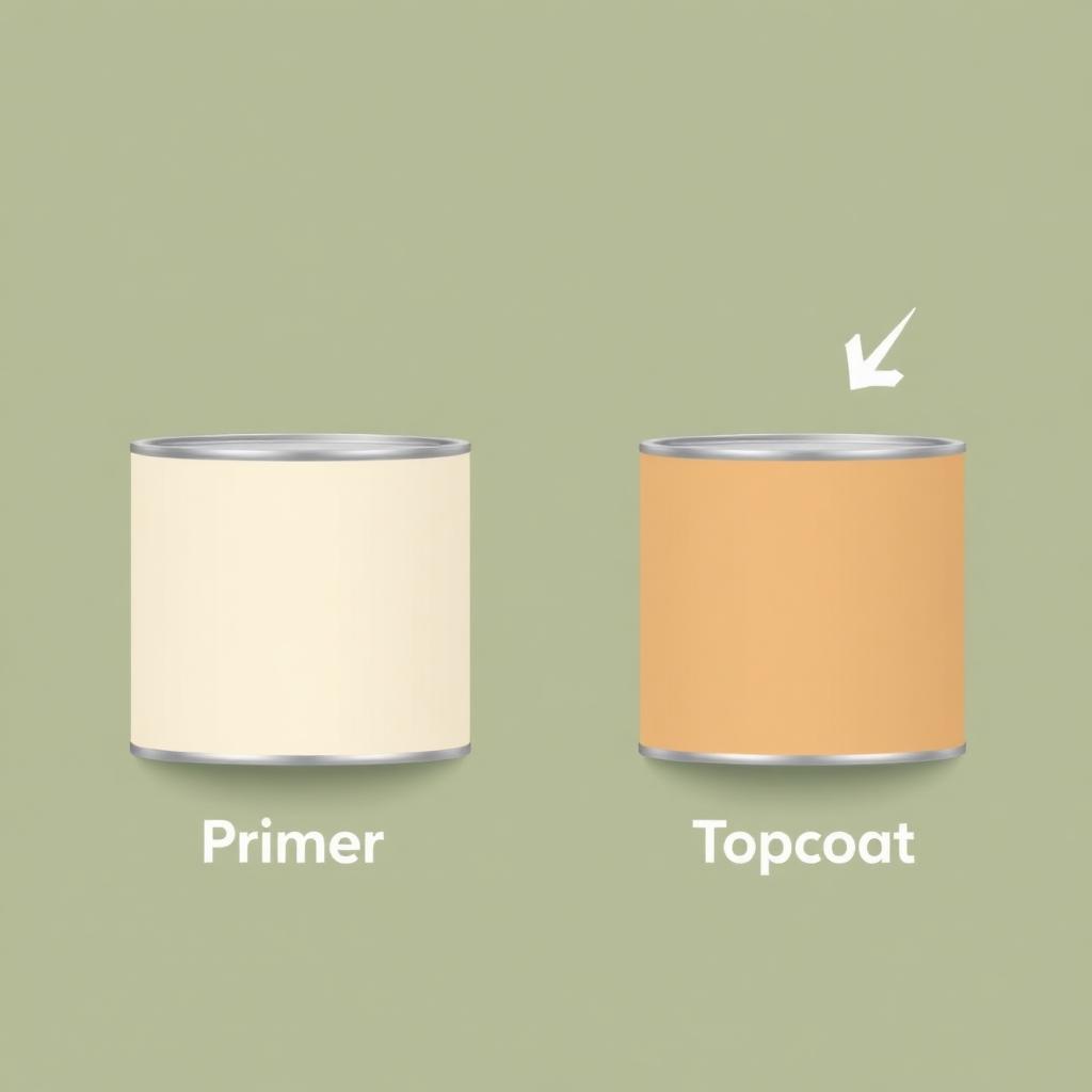 Primer paint can next to topcoat can with an arrow indicating application sequence