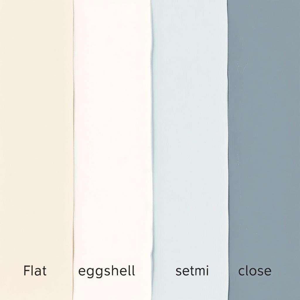 Four paint sheen swatches in a row labeled flat eggshell satin semi-gloss